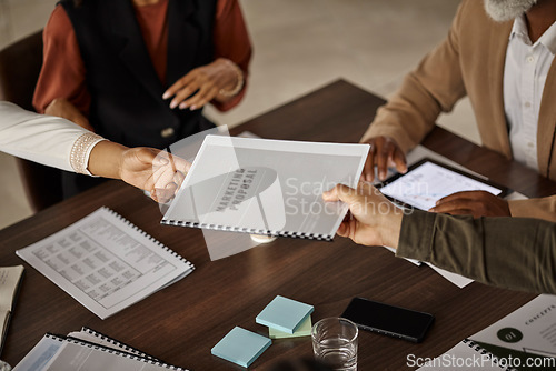 Image of Documents, proposal or hands of business people in a meeting planning a financial strategy together. Data analytics, teamwork or manager giving worker a marketing portfolio report file or paperwork