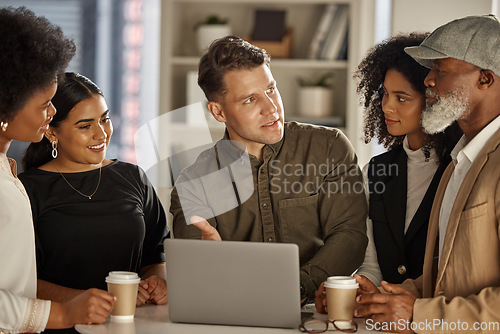 Image of Business people, laptop or meeting for team collaboration on group project in office for startup innovation. Teamwork, diversity or leader planning in discussion brainstorming for online marketing