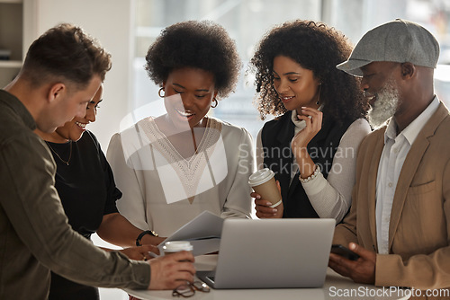 Image of Documents, laptop or business people meeting for team strategy or collaboration on group project together. Success, paperwork or happy colleagues planning or speaking of online marketing in office