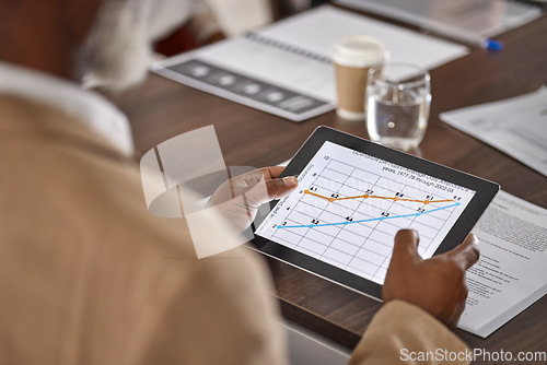 Image of Hands of man in meeting with tablet, graphs and charts, stats for sales report, data and information in office. Business growth, online statistics or performance review, analytics in profit research.