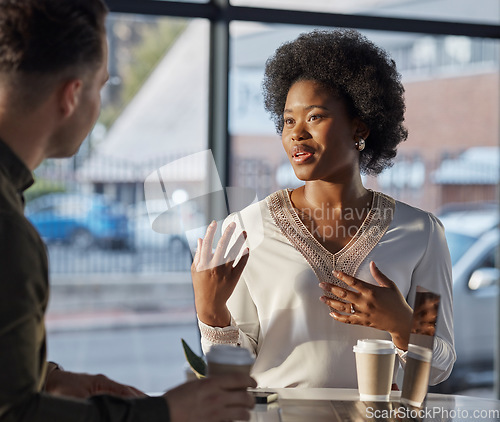 Image of Coffee, man or black woman in cafe for networking in conversation or discussion drinking espresso. Tea, chatting or business people speaking, meeting or talking on a break together for team building