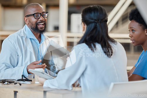 Image of Black man, doctors and meeting with xray of test results, analysis and healthcare feedback. Medical surgeon, nursing team and planning radiology assessment for x ray chart, clinic report and review