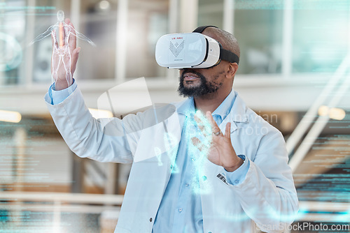 Image of VR, futuristic and black man doctor working on a hologram with DNA, anatomy and overlay in a lab or holiday. Future, healthcare and professional use virtual reality to analyze medical data on screen