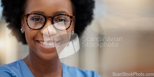 Image of Nurse, smile and portrait of black woman in hospital for medical, space and expert. Medicine, healthcare and nursing with face of person in clinic for wellness, life insurance and surgery mockup