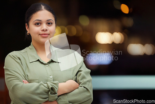 Image of Confident, smile and portrait of woman personal assistant calm and proud with bokeh, mockup and ready to work. Worker, looking and young female person or employee with positive mindset and motivation