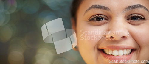 Image of Face, smile and portrait of woman designer happy and proud with bokeh, mockup and confident with work. Head, looking and young female person with positive mindset, inspiration and motivation