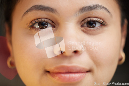 Image of Closeup, woman and portrait of face with smile for vision, career ambition or natural beauty. Happy female person or model looking in determination and motivation for facial recognition or identity