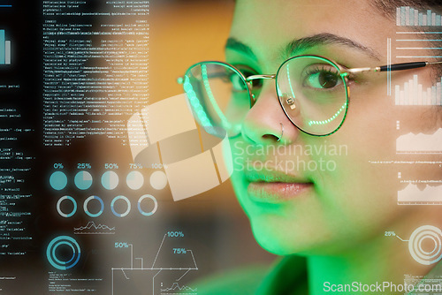 Image of Woman, face and programmer with coding overlay at night in software, troubleshooting or diagnostics at office. Female person, coder or hacker working late in digital data analytics or double exposure