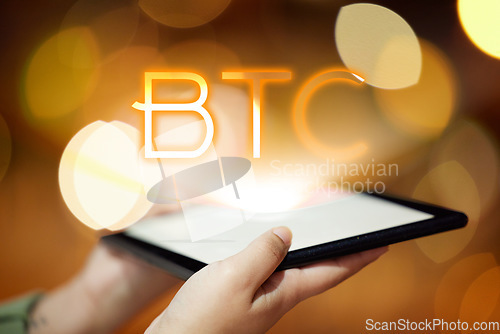 Image of Woman, hands and tablet at night for bitcoin trading, finance or investment in the city outdoors. Hand of female person, trader or freelancer working late with technology display for cryptocurrency