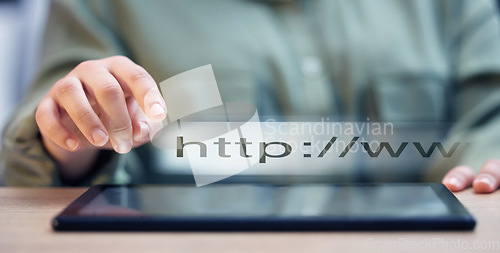 Image of Woman, hands and tablet with search bar, website or URL on table or office desk at home. Hand of female person with digital hologram, research or app for online data or information at the workplace