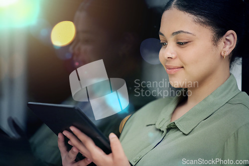 Image of Digital tablet, city and businesswoman doing research for a corporate project on a rooftop. Technology, online and professional female employee working on company report in an urban town at night.