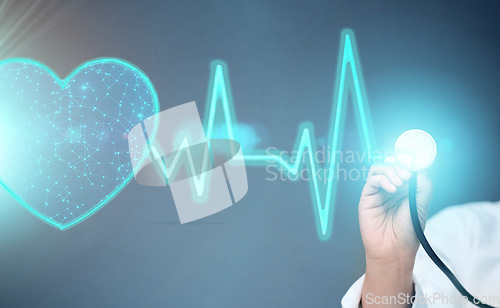 Image of Doctor, hands and 3d heart hologram for cardiology, BPM or monitoring against a studio background. Hand of person, medical or healthcare professional with stethoscope for digital beats or medicare