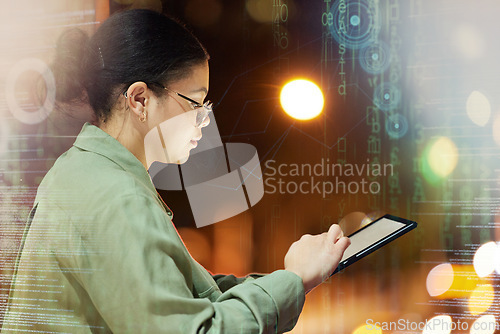 Image of Digital tablet, city and woman with hologram to do research for a corporate project by a rooftop. Technology, online and professional female employee working on company report in urban town at night.