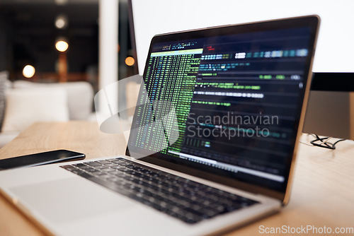 Image of Programming, coding and laptop in office for website hacking, web design and cybersecurity. Information technology, cloud computing and computer on desk for big data, software update and network