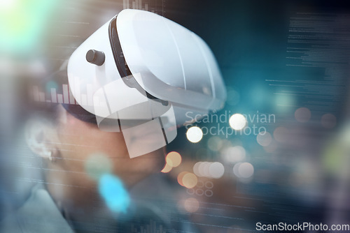 Image of Virtual reality, woman in headset and hologram with mockup for design, future technology and digital data. Research, web innovation and bokeh overlay, software programmer or developer with vr glasses