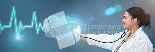 Image of Heart rate, medical and doctor with woman and hologram for healthcare, digital and monitor. Consulting, medicine and future with person and stethoscope on banner for cardiology, heartbeat or wellness