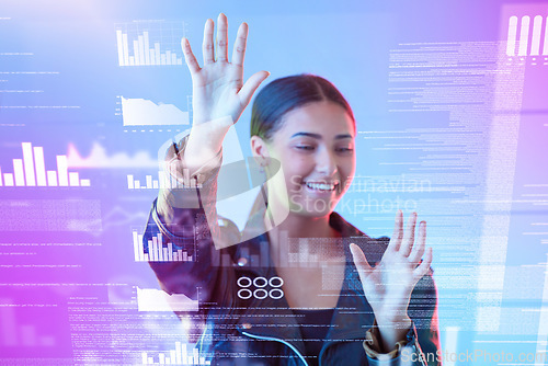 Image of Hologram, screen and woman hands with data analytics, social media metrics and algorithm in cyberpunk stats. Security, network and futuristic young person with holographic in neon studio background