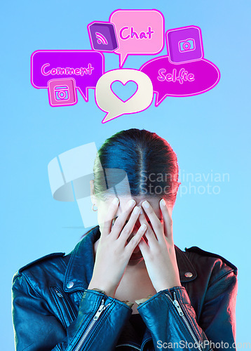 Image of Woman, speech bubble and anxiety in studio, thinking and overwhelmed with technology by blue background. Gen z student girl, 3d icon and social media notification with stress, worry and mental health