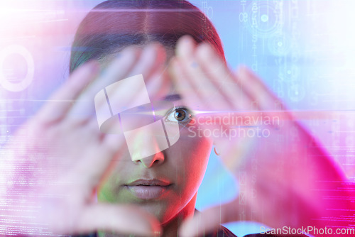 Image of Woman, future holographic overlay and studio portrait, pyramid hand sign and coding for technology. Girl, futuristic hologram and digital transformation for cyber vision, programming and development