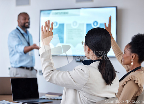 Image of Presentation, question and businessman in a workshop with colleagues in the office conference room. Discussion, meeting and professional male manager presenting a team building workshop in workplace.