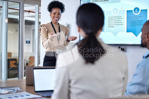 Image of Presentation, meeting and businesswoman speaking to colleagues in the office conference room. Discussion, presenting and professional female manager doing a team building workshop in the workplace.