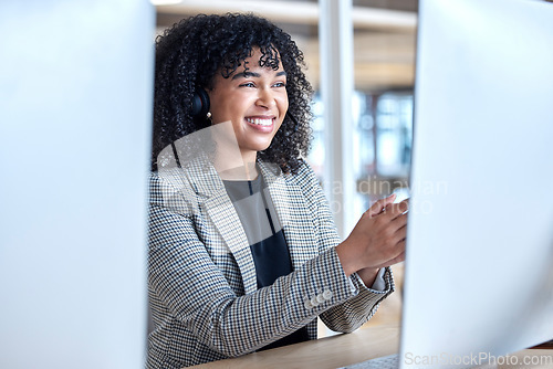 Image of Agent, woman and video call at computer in office for customer service, sales consulting and questions. Telemarketing, happy female consultant or communication at desktop for virtual telecom advisory