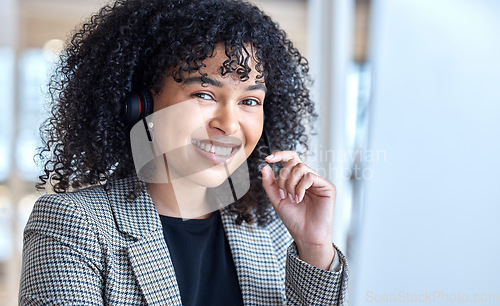 Image of Call center, happy woman and portrait of consultant at computer for customer service, technical support or CRM. Female telemarketing agent at desktop for advice, sales consulting or telecom questions