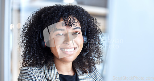 Image of Call center, woman and portrait of telemarketing agent at computer for customer service, web support and CRM. Face, smile and female consultant at desktop for sales consulting, telecom and contact us