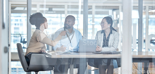 Image of Office, business and meeting with team for feedback, brainstorming or online performance review. Diversity, teamwork and schedule planning, man and women in discussion for project management agenda.