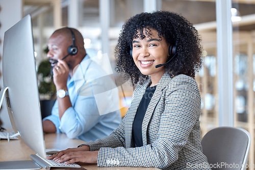 Image of Call center, woman and portrait of consultant at computer for customer service, business support or help in CRM office. Happy telemarketing agent at desktop for telecom consulting in coworking agency