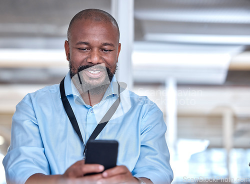 Image of Search, phone and business with black man in office for networking, social media and communication. Creative, news and online with male employee in digital agency for app, connection and contact