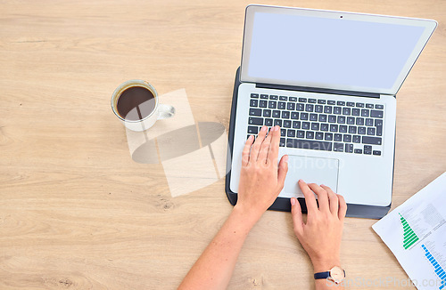 Image of Laptop screen, hands and business person typing for marketing research, charts and graphs analysis on website. Coffee, planning and stats productivity of people working on computer mockup from above