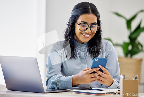 Image of Phone, office or happy woman on social media in online conversation, typing sms or checking email. Businesswoman, mobile app or accountant on web chat for blog post or networking on break at job