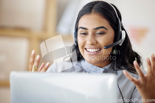 Image of Contact us, call center or happy woman on laptop in communication or talking for customer service. Girl virtual assistant, crm or telemarketing sales agent explaining online in telecom tech support