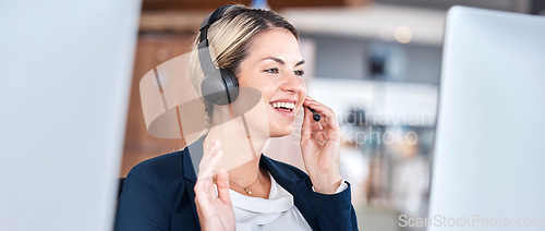 Image of Call center, computer and woman wave on video for communication, support and contact us for customer service. Hello, telemarketing and sales agent, consultant and happy employee in online webinar.