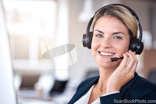 Image of Call center, face and happy woman in office listening for communication, support and contact us for customer service. Portrait, telemarketing and sales agent, consultant or employee smile from Canada