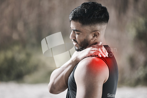 Image of Shoulder pain, red and man in fitness or workout injury, sports risk or muscle healthcare in nature. Medical, neck or stress of athlete person massage for training, cardio or exercise problem overlay