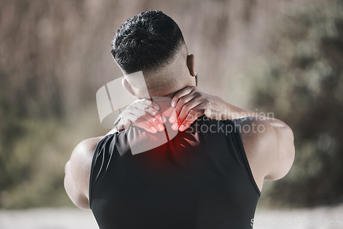 Image of Back pain, red and man for fitness or exercise injury, sports risk or muscle massage, outdoor or mountain. Medical, spine and person for anatomy problem in training, hiking or running workout overlay