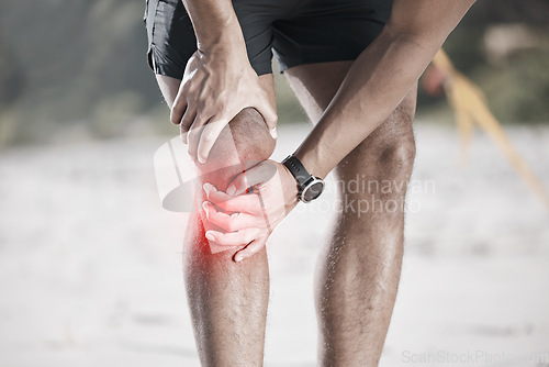 Image of Knee pain, red and running person with medical injury, fitness or sports anatomy problem in nature training. Cardio, workout or exercise risk of runner, athlete or people check muscle or legs overlay