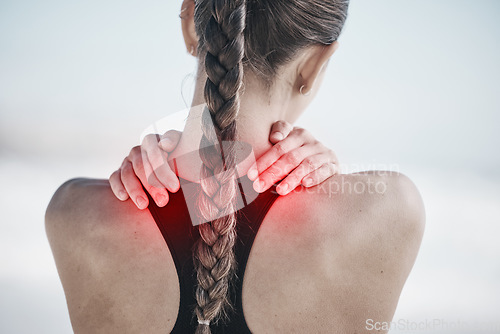 Image of Back pain, red and woman for fitness or exercise injury, sports risk or muscle healthcare outdoor. Medical, spine and person massage for anatomy problem in training, cardio or workout overlay