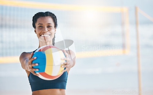 Image of Happy woman, portrait and volleyball by net on beach for sports game, match or fitness outdoors. Fit, active or sporty female person with ball for volley exercise, training or practice by ocean coast