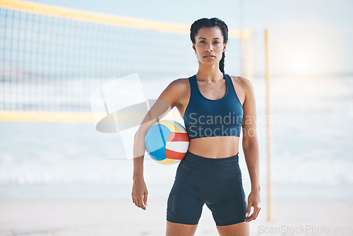 Image of Volleyball, fitness and portrait of woman on beach ready for exercise, training and workout for game. Sports, motivation and female athlete with ball by ocean for practice, match and competition