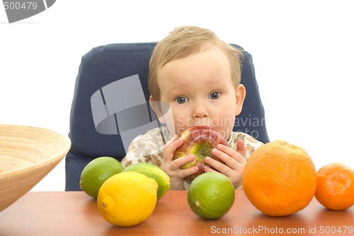 Image of Babby and fruits