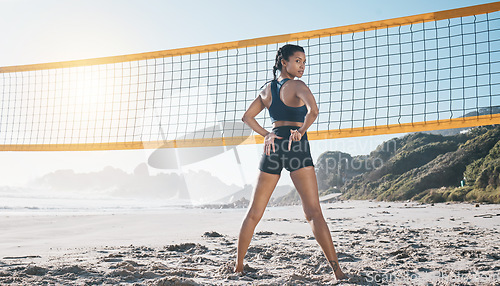 Image of Fitness, exercise and beach volleyball with hand sign for communication, emoji or signal. Young female person or athlete ready for sports, workout or fun game outdoor in nature or at sea or sand