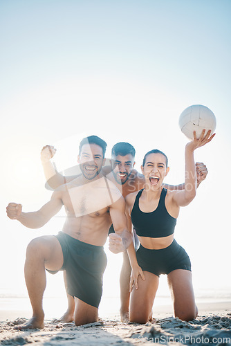 Image of Fitness, beach and portrait of friends for volleyball with a ball, energy and winning spirit. Young men and woman or a team ready for sports, exercise or fun game outdoor in nature or sand in summer