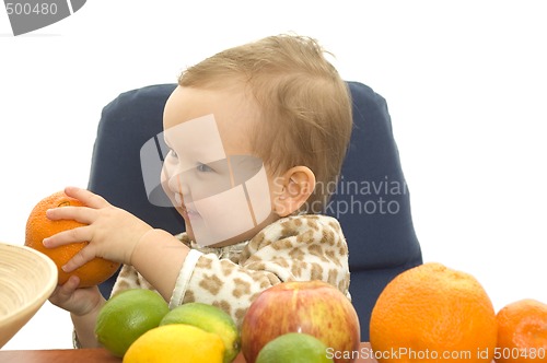 Image of Babby and fruits