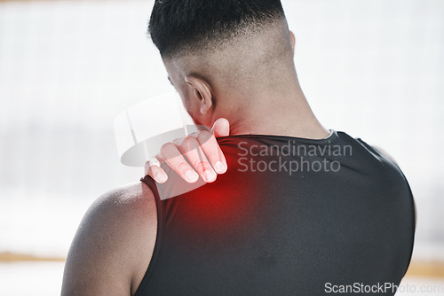 Image of Man, neck pain and fitness, injury and red overlay, back and medical emergency with muscle inflammation. Male athlete, shoulder strain with glow and health problem, fibromyalgia and exercise accident
