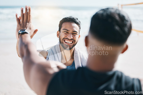 Image of High five, fitness winner and people at beach celebration, success and workout goals or teamwork. Training, exercise and sports men, personal trainer or athlete friends, hands together and support