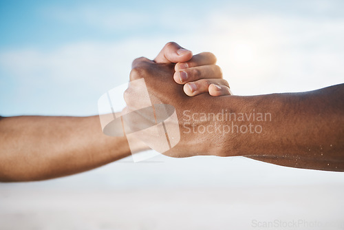 Image of Man, handshake and partnership for deal, agreement or unity in community, trust or support in the outdoors. Men or friends shaking hands in teamwork for collaboration, celebration or cooperation