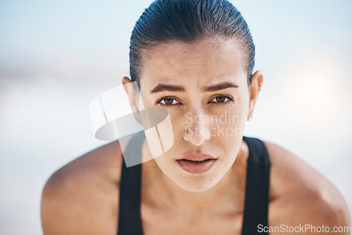 Image of Portrait, fitness and woman outdoor, exercise and workout goals with wellness, health and focus. Face, female person or athlete with training, commitment or sports with motivation, breathing or relax